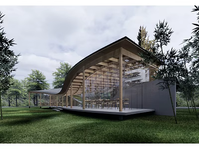Modern Library Building with Curved Roof Wooden Structure Glass Facade Surrounded by Trees and Grass 3d model