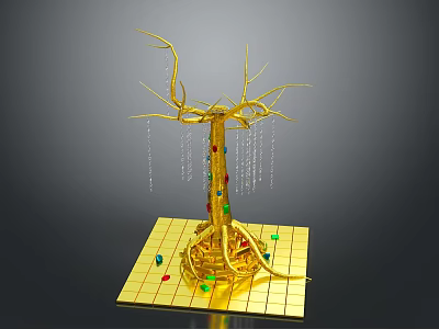 Golden Decorative Tree with Intricate Branches and Roots on Square Base Against Gray Background 3d model