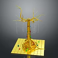 Golden Decorative Tree with Intricate Branches and Roots on Square Base Against Gray Background