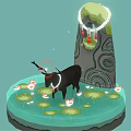 Black Deer With Antlers Wearing White Collar Standing On Water With Lotus Flowers