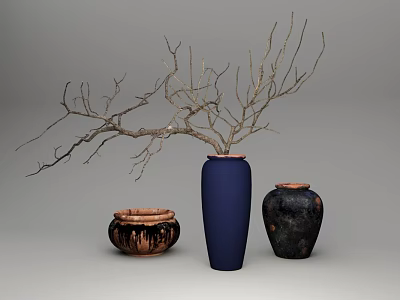 Three Decorative Vases Featuring Dried Branches in Blue Brown and Black Patterns 3d model
