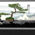 Courtyard Garden with Bonsai Pine Tree Mountain Landscape Lanterns Wavy Structures and Stone Pavement