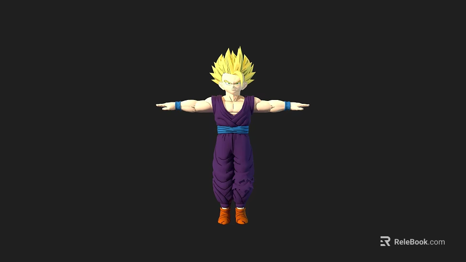Anime Game Character With Blonde Spiky Hair Purple Outfit Blue Sash Orange Boots Arms Outstretched 3d model 