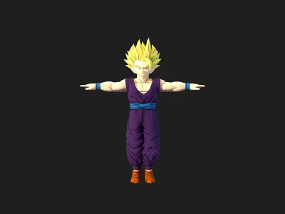 Anime Game Character With Blonde Spiky Hair Purple Outfit Blue Sash Orange Boots Arms Outstretched 3d model