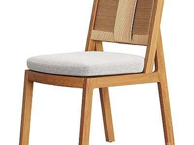 Modern Single Chair With Wooden Frame Woven Backrest And Light Gray Cushion 3d model