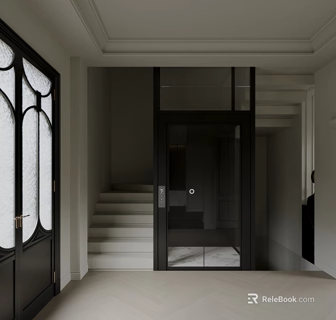 Modern Black Elevator With Glass Door White Staircase And Vintage Arched Windows 3d model 
