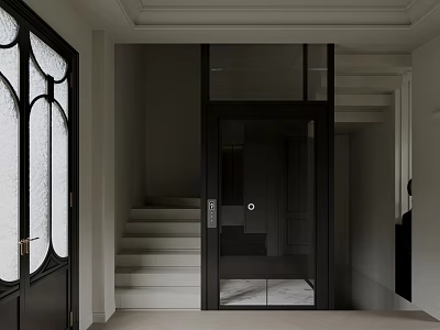 Modern Black Elevator With Glass Door White Staircase And Vintage Arched Windows 3d model