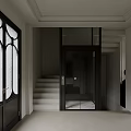 Modern Black Elevator With Glass Door White Staircase And Vintage Arched Windows