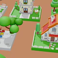 Miniature Cartoon Style Small Houses with Various Colored Roofs Green Trees Cars and Benches
