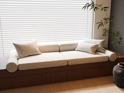 Modern Bay Window Cabinet with Cushioned Seat Soft Pillows White Blinds Green Plant Wooden Floor 3d model