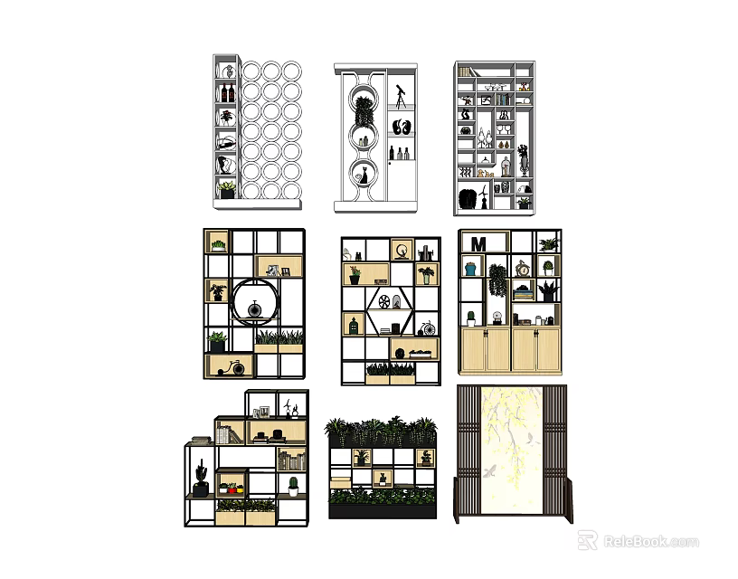 Modern Home Storage Shelving Units with Open Layers Various Designs and Decorative Elements 3d model