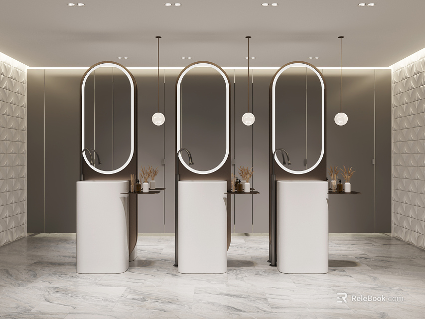 Modern Three White Vanities Featuring Oval Mirrors Pendant Lights Gray Textured Walls and Marble Flooring 3d model 