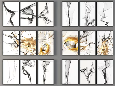 Modern Abstract Paintings With Black White Gold Fluid Lines And Multi Panel Wall Art 3d model