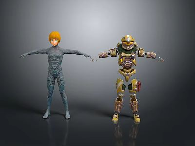 3D Character Action Figures With Gray Bodysuit Blonde Hair And Yellow Green Armor On Reflective Gray Surface 3d model