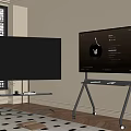 Two Black Televisions With Smart Interface On Stands In Room With Window And Wooden Floor