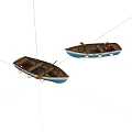 Two Blue Wooden Boats With Wooden Oars And Red White Buoys