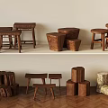 Wooden Stools And Blocks With Various Designs Arranged On Shelves And Floor