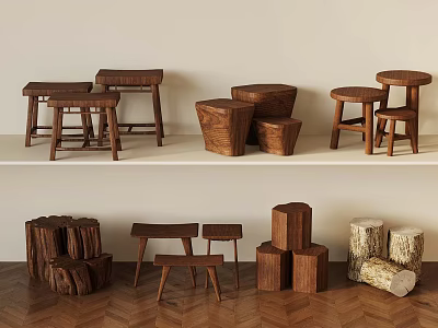 Wooden Stools And Blocks With Various Designs Arranged On Shelves And Floor 3d model