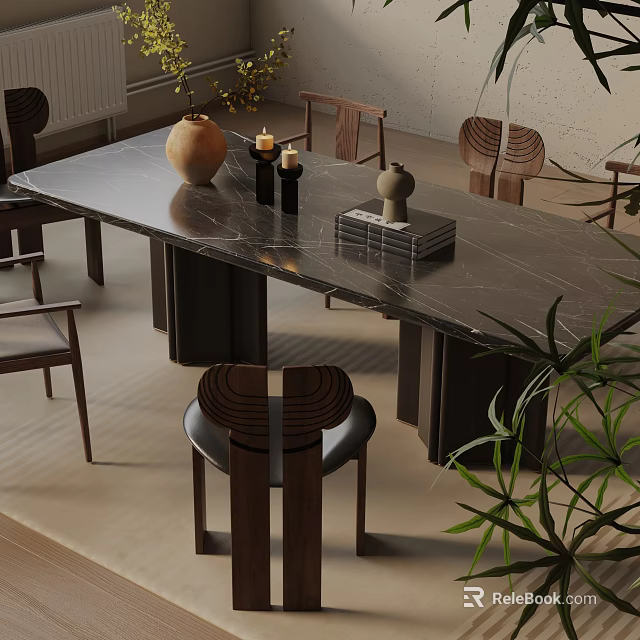 Modern Rectangular Dining Table Set with Marble Top Wooden Chairs and Decorative Vase Candles 3d model 