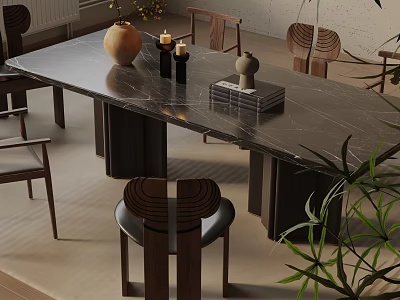 Modern Rectangular Dining Table Set with Marble Top Wooden Chairs and Decorative Vase Candles 3d model