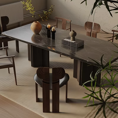 Modern Rectangular Dining Table Set with Marble Top Wooden Chairs and Decorative Vase Candles 3d model