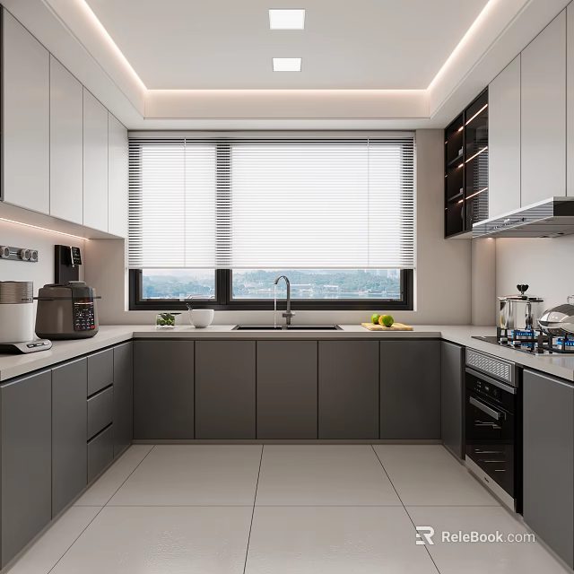 Modern Kitchen Interior With White And Gray Cabinets Large Window Blinds Mountain View Countertop Appliances 3d model 