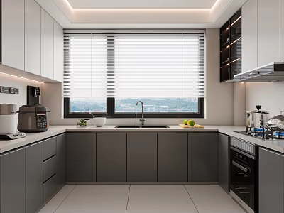 Modern Kitchen Interior With White And Gray Cabinets Large Window Blinds Mountain View Countertop Appliances 3d model