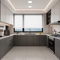 Modern Kitchen Interior With White And Gray Cabinets Large Window Blinds Mountain View Countertop Appliances