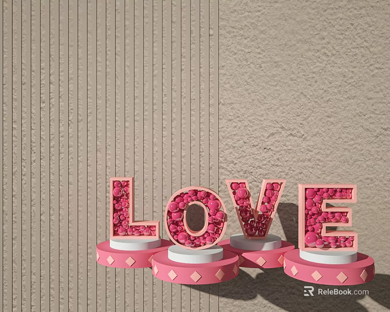 Pink Panel Door With Flower Decor And LOVE Letters On Striped Grey Beige Walls 3d model 