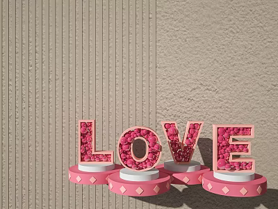 Pink Panel Door With Flower Decor And LOVE Letters On Striped Grey Beige Walls 3d model