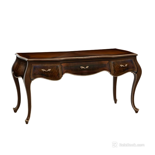 Classic Wooden Desk With Three Drawers And Curved Carved Legs Design 3d model 