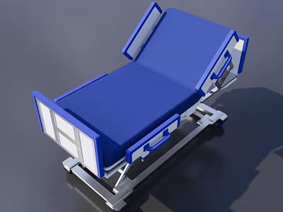 Medical Equipment Hospital Bed With Blue Mattress And Sturdy Metal Frame Structure 3d model