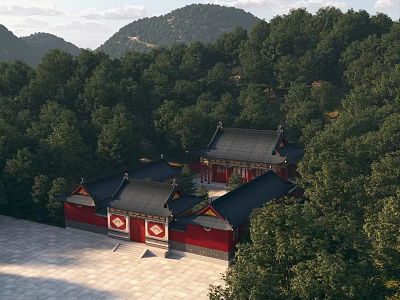 Ancient Chinese Architecture Featuring Red Walls Black Tiles in Lush Mountain Forest Stone Courtyard 3d model