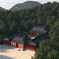 Ancient Chinese Architecture Featuring Red Walls Black Tiles in Lush Mountain Forest Stone Courtyard