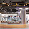 Modern Retail Store Interior With Display Shelves Shoes Clothing Circular Orange Floor And Ceiling Lines