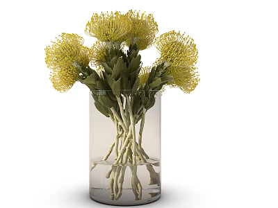 Beautiful Yellow Flowers Arranged in Transparent Glass Vase with Green Leaves and Stems in Water 3d model