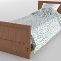 Single Bed with Wooden Frame and Floral Pattern Bedspread and White Pillow 3d model