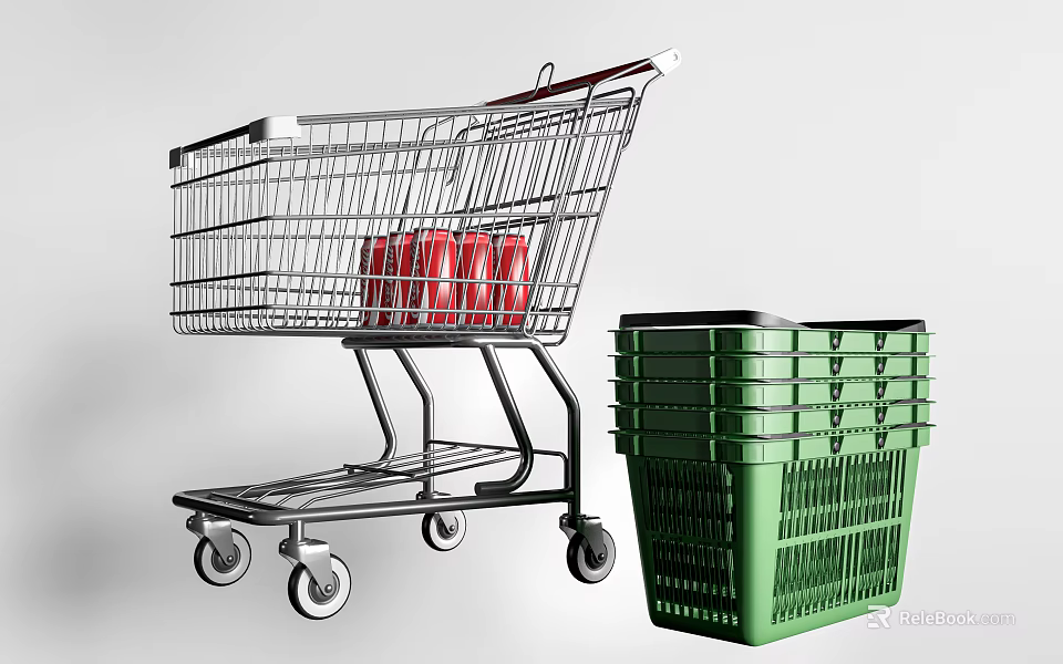 Public Shopping Facilities Including Metal Cart With Red Items And Stacked Green Baskets 3d model 