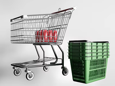 Public Shopping Facilities Including Metal Cart With Red Items And Stacked Green Baskets 3d model