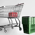 Public Shopping Facilities Including Metal Cart With Red Items And Stacked Green Baskets
