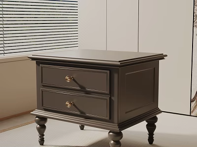 Dark Wooden Bedside Table With Two Drawers And Gold Handles Carved Legs Classic Style Bedroom 3d model