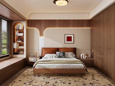 Modern Bedroom Interior Design With Wooden Wardrobes Bookshelf Nightstands Framed Painting And Rug 3d model