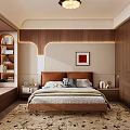 Modern Bedroom Interior Design With Wooden Wardrobes Bookshelf Nightstands Framed Painting And Rug