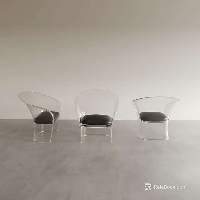 Three Transparent Leisure Chairs With Black Cushions In Modern Minimalist Indoor Space 3d model 