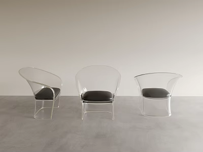 Three Transparent Leisure Chairs With Black Cushions In Modern Minimalist Indoor Space 3d model