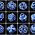 Blue 3D Geometric Abstract Art Installations With Glossy Shapes On Black Background