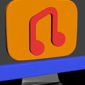 Computer Monitor With Blue Frame Displaying Red Musical Note Icon On Orange Background