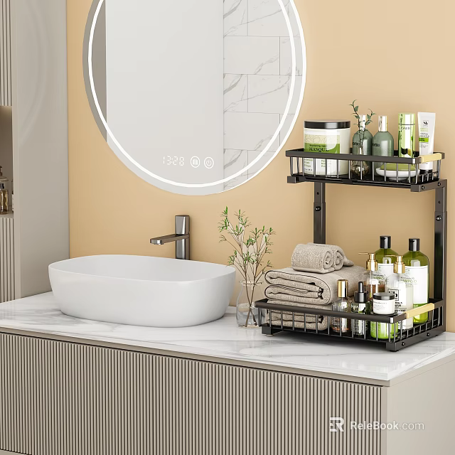 Bathroom Storage Shelf Organizing Toiletries Towels And Plant Near White Sink With Round Mirror 3d model 