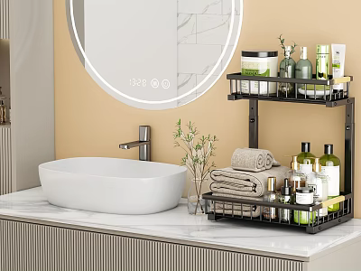Bathroom Storage Shelf Organizing Toiletries Towels And Plant Near White Sink With Round Mirror 3d model