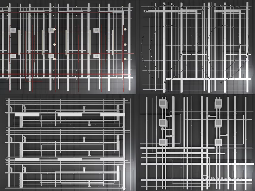 Industrial Pipes Structural Design Layout With Grid Connections And Multiple Diagram Views 3d model 